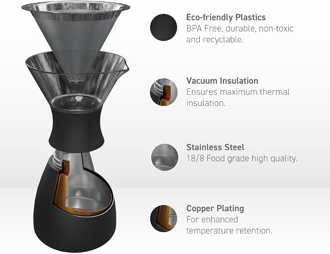 asobu Insulated Pour Over Coffee Maker (32 oz.) Double-Wall Vacuum, Stainless-Steel Filter and Take on the Go Carafe (Wood)