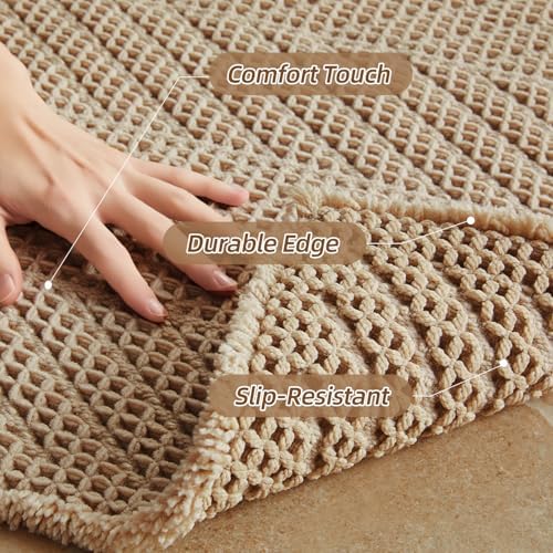 Sunfly Waffle Runner Rug Bathroom, Boho Bath Mat Super Absorbent & Quick Dry, Non-Slip Washable with Tassels, Ultra Soft Farmhouse Long Bathroom Rug 24"x60" Beige