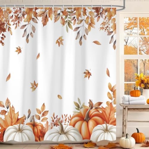 Fall Pumpkins Shower Curtain, Autumn Maple Leaf Leaves Harvest Thanksgiving Farmhouse Bathr Curtains Set,Waterproof Fabric Bathroom Curtains Decor 72X78IN