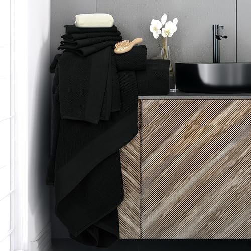 Tens Towels 8 Pc Popcorn Towel Set, 2 XL Bath, 2 Hand, 4 Washcloths, Black