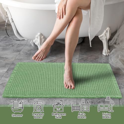 ZALL Sage Green Waffle Bath Mat,Super Absorbent Non Slip Bathroom Rug, 24x36inch, Machine Washable Ultra Soft Floor Mats