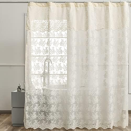 Ivory Lace Shower Curtain 72x72, Vintage Shabby Chic with Attached Valance