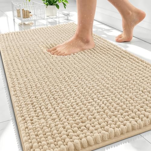 OLANLY Thick Chenille Bathroom Rugs 30x20, Soft Absorbent Bath Mat, Beige