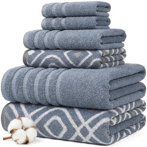 Modern Threads 6 Piece Bath Towel Set – Bathroom Set with 2 Bath Towels, 2 Hand Towels, and 2 Wash Cloths – 100% Cotton, Super Absorbent & Extra Soft – Reversible Classic Diamond (Blue)