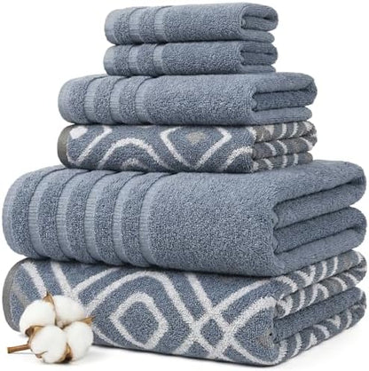 Modern Threads 6 Piece Bath Towel Set – Bathroom Set with 2 Bath Towels, 2 Hand Towels, and 2 Wash Cloths – 100% Cotton, Super Absorbent & Extra Soft – Reversible Classic Diamond (Blue)