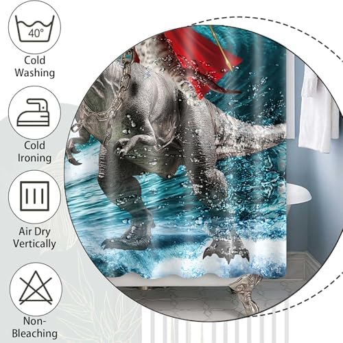 Funny Cat Shower Curtain, Cool Cat Dinosaur Japanese Ocean Wave Shower Curtain, Cat Riding Dinosaur Fun Shower Curtain Nautical Kids Children Rustic Wooden Farmhouse Shower Curtain, 36X72inch, Blue