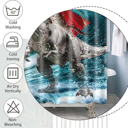 Funny Cat Shower Curtain, Cool Cat Dinosaur Japanese Ocean Wave Shower Curtain, Cat Riding Dinosaur Fun Shower Curtain Nautical Kids Children Rustic Wooden Farmhouse Shower Curtain, 36X72inch, Blue