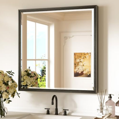 Keonjinn 30" x 30" Black Square Bathroom Mirrors for Over Sink, Aluminum