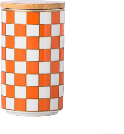 Kitchen Countertop Ceramic Checkered Canisters,Black And White Food Storage Containers With Lid,Airtight Kitchen Canisters for Flour, Sugar, Coffee, Tea, and Dry Goods (Orange, Large)