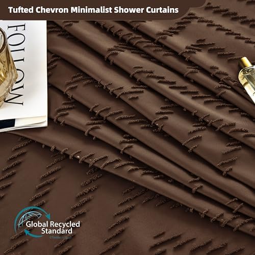 Siiluminisoy Extra Long Boho Shower Curtain, Woven Fabric 84 in Brown Shower Curtain, 72 x 84, Tufted Chevron Striped Modern Chic Textured Minimalist Bathroom