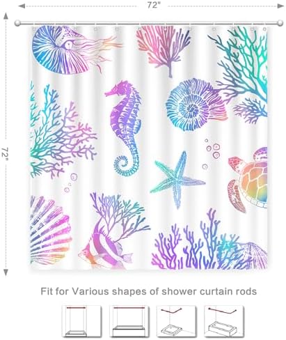 Nautical Coastal Shower Curtain, Beach Shower Curtains Sea Horse Coral Turtle Starfish Seashell Conch Ocean Themed Kids ShowerCurtain Set Polyester Fabric Machine Washable Decor Bath curtains