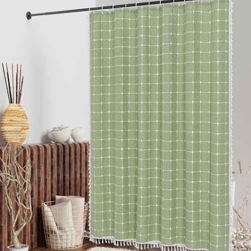Boho Farmhouse Classic Plaid Linen Tassel Shower Curtain Sage Green,72x72