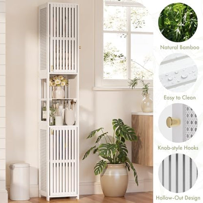 Amazer White Bathroom Storage Cabinet 70'', Bamboo Slim Storage Cabinet with Rattan Door and Adjustable Shelves, Narrow Freestanding Organizer for Living Room Kitchen