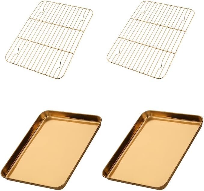 Meisha Baking Sheet with Wire Rack Set [2 Pans + 2 Tier Racks], Stainless Steel Cookie Sheet Baking Trays & Cooling Rack for Cooking, Gold