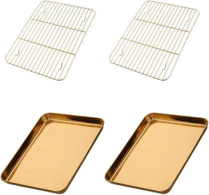 Meisha Baking Sheet with Wire Rack Set [2 Pans + 2 Tier Racks], Stainless Steel Cookie Sheet Baking Trays & Cooling Rack for Cooking, Gold