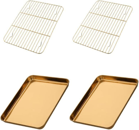 Meisha Baking Sheet with Wire Rack Set [2 Pans + 2 Tier Racks], Stainless Steel Cookie Sheet Baking Trays & Cooling Rack for Cooking, Gold