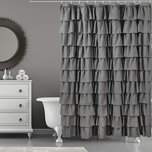 Gray Ruffle Shower Curtain for Bathroom, 72 x 84, Machine Washable Fabric