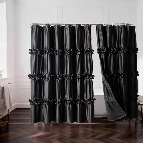 Homechoice Decor 2-Piece Black Satin Shower Curtain, 72x96 Inches (Pair)