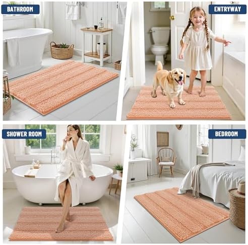 Grandaily Chenille Striped Bathroom Rugs 30x20, Extra Thick and Soft Absorbent Bath Mats, Rubber Backing, Plush Shaggy Shower Carpet, Machine Wash Dry, Bath Rug for Bathroom, Peach