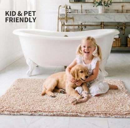 ILANGO Beige and White Bathroom Rugs 70" × 24" Non Slip & Super Absorbent Thick Soft, Washable Bath Carpet Runner for Floor, Microfiber Plush Shaggy Bath Mats for Bedroom Bathtub Shower Room
