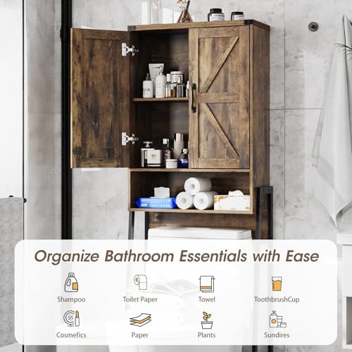 Vabches Over The Toilet Storage Cabinet with 2-Door Design Bathroom Organizers and Storage with Anti-Tip Device Over Toilet Organizer with Shelves for Bathroom,Restroom,Laundry Brown