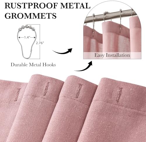 KGORGE Linen Fabric Shower Curtains-Semi Sheer Button Hole Lightweight Waterproof Privacy Light Filtering Shower Curtains for Nursery Bathroom with 12 Hooks, 72 x 72 inches Long, Dusty Pink, 1 Panel