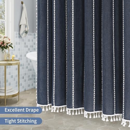 Boho Farmhouse Tassel Linen Shower Curtain,3D Embroidery Stripe Navy,72x96