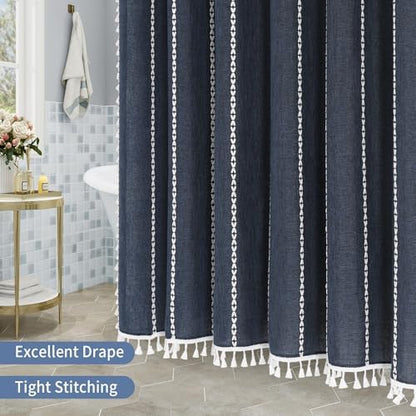 Boho Farmhouse Tassel Linen Shower Curtain,3D Embroidery Stripe Navy,72x72