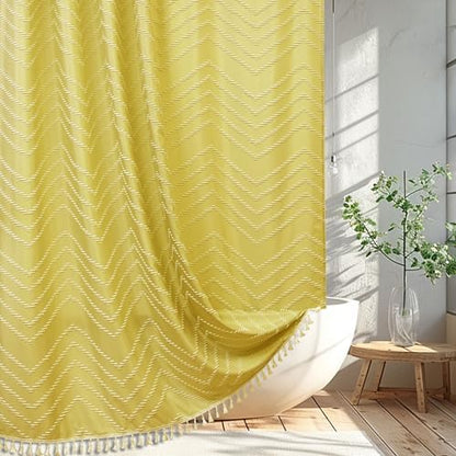 Yellow Boho Shower Curtain with White Tassel - 72 x 72 Modern Farmhouse Textured Tufted Chevron Striped Minimalist Bathroom Shower Curtain