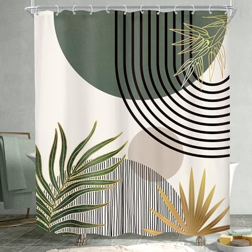 Mid Century Dark Green Boho Abstract Modern Bathroom Shower Curtain Set