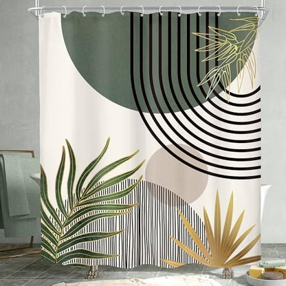 Mid Century Dark Green Boho Abstract Modern Bathroom Shower Curtain Set
