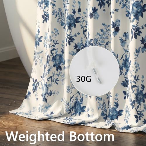Farmhouse Blue Floral Shower Curtain, Waterproof Fabric Faux Linen Shower Curtain Set with 12 Rings, Vintage Cottagecore Boho Shower Curtains for Bathroom 72" W x 72" L （Beige + Blue