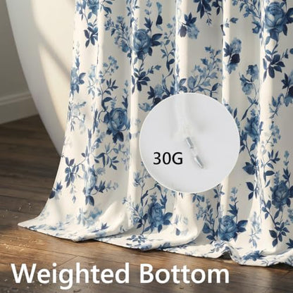 Farmhouse Blue Floral Shower Curtain, Waterproof Fabric Faux Linen Shower Curtain Set with 12 Rings, Vintage Cottagecore Boho Shower Curtains for Bathroom 72" W x 72" L （Beige + Blue