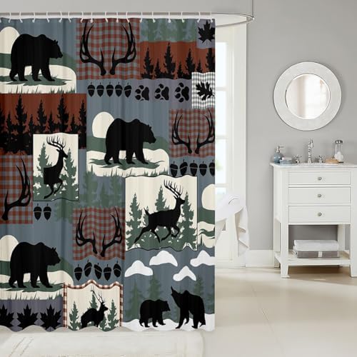 Feelyou Rustic Plaid Shower Curtain for Bathroom Decor Lodge Cabin Bear Bath Curtain Country Elk Moose Bathroom Accessories Woodland Green Waterproof Polyester Fabric for Stalls Bathtubs 72"x72"