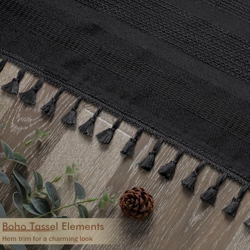 OVZME Extra Long Black Shower Curtain 96 Inch Long, Boho Linen Textured Soft Fabric Heavy Duty Cloth Bathroom Shower Curtain with Tassel, Tall Farmhouse Luxury Bath Decor, 72Wx96L Inches