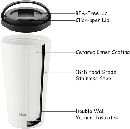 Funkrin Insulated Coffee Mug with Ceramic Coating, 16oz Iced Coffee Tumbler Cup with Flip Lid and Handle, Double Wall Vacuum Leak-Proof Travel Mug for Office School Party Camping