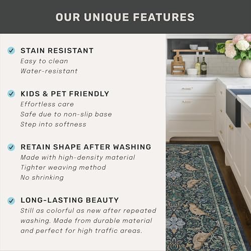 Boho 2x5 Entryway Indoor Runner for Bathroom - Botanical Bird Runner Rug for Kitchen Floor, Hallway, Bedroom, Entrance, Blue and Teal Neutral Vintage Decor, Washable Non Slip Low Pile