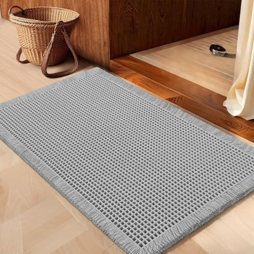 IM HOME Waffle Bath Mat Light Grey 36"x24", Boho Woven Modern Bath Mat Rugs, Absorbent Non Slip Bathroom Rugs, Soft Washable Bath Rugs with Tassels for Bathroom, Bedroom, Kitchen, Shower, Tub