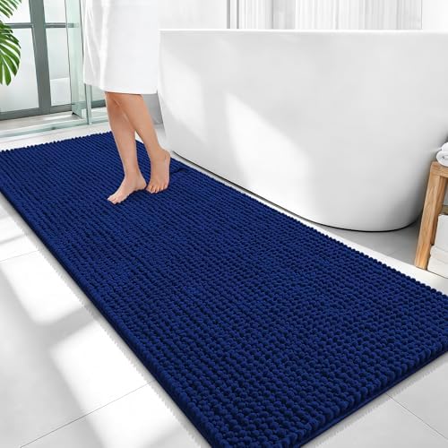 OLANLY Thick Chenille Bathroom Runner Rugs 59x24, Absorbent Bath Mat, Navy