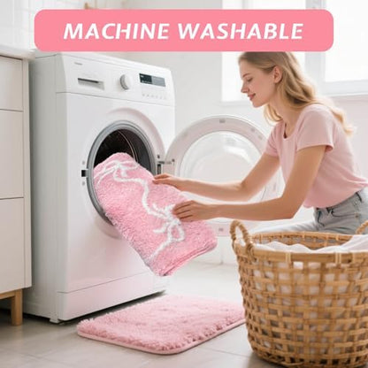 Mocsicka Pink Bow Bath Mat Cute Bow Bathroom Rug Super Soft Absorbent Bathroom Rugs Non Slip Bath Mat Machine Washable Rug for Bathrooms 16x24 inches (Pink, 40x60cm)