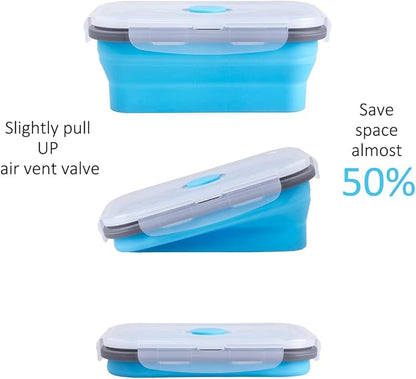 Collapsible Food Storage Containers with Airtight Lid & Air Vent, 16.9 oz, Kitchen Stacking Silicone Collapsible Meal Prep Container Set for Leftover, Microwave Freezer Dishwasher Safe, Blue, Set of 4