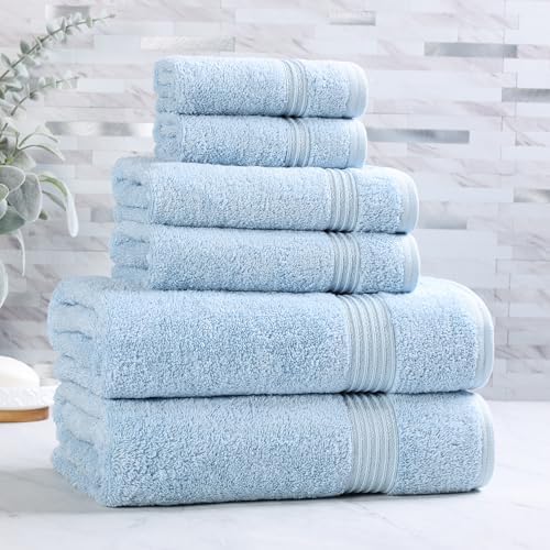 SUPERIOR Egyptian Cotton 6-Piece Towel Set, Bathroom Essentials, Towels for Bathroom, Apartment, Airbnb, Guest Bath, Face, Hand, Bath Towels, Washcloths, Absorbent, Fast Drying, Light Blue