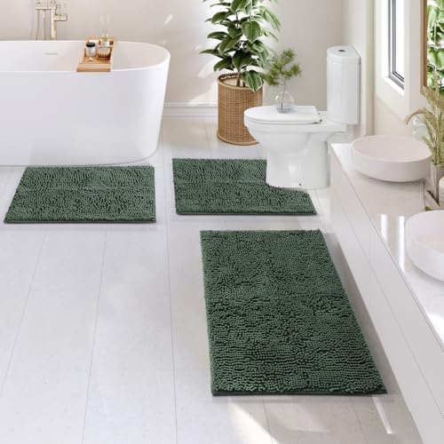 Hearth & Harbor Bathroom Rugs, Chenille Bath Mat - Machine Washable Bath Mats for Bathroom Non-Slip Backing Rubber, Quick Dry Mat - Hunter Green Bath Rug, 17x24-20x32-20x24