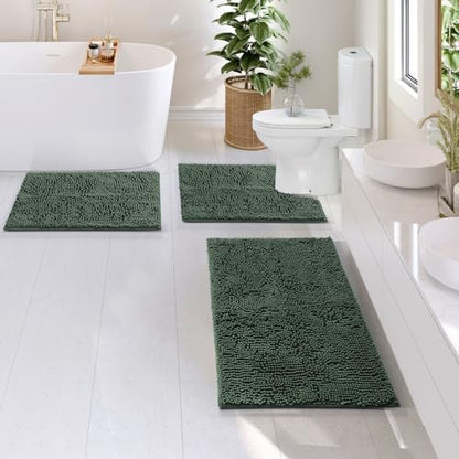 Hearth & Harbor Bathroom Rugs, Chenille Bath Mat - Machine Washable Bath Mats for Bathroom Non-Slip Backing Rubber, Quick Dry Mat - Hunter Green Bath Rug, 17x24-20x32-20x24