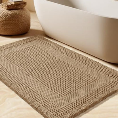 Upgrade Waffle Bath Mat, Boho Bathroom Rugs Absorbent Non Slip, Ultra Soft Bathroom Mat, Machine Washable Knit Bath Rugs with Tassels for Bathroom, Bedroom, Kitchen, Shower, Tub, Beige, 32"x20"