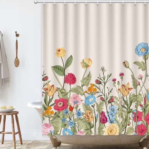 Vintage Floral Shower Curtain, Retro Wildflowers Shower Curtain 72x72