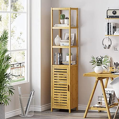 VIAGDO Storage Tall Slim Cabinet with Shutter Door and 3 Tier Shelves, Freestanding Linen Tower Cabinet for Living Room, Kitchen, Bathroom Organizer, Natural Bamboo