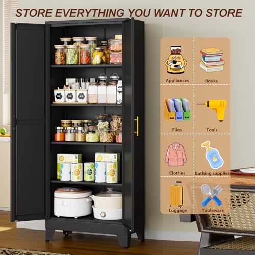 71" Black Metal Storage Cabinet with 2 Doors and 4 Adjustable Shelves,Steel Garage Tool Cabinet, File Cabinet,Kitchen Pantry Cabinet for Home,Office,Garage,School,Warehouse