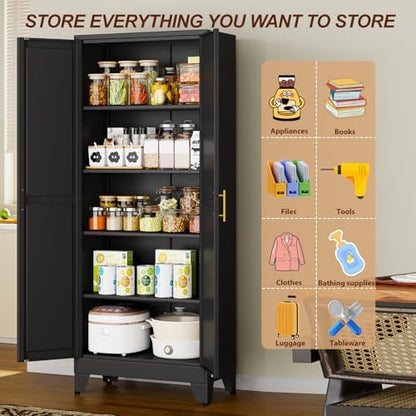 71" Black Metal Storage Cabinet with 2 Doors and 4 Adjustable Shelves,Steel Garage Tool Cabinet, File Cabinet,Kitchen Pantry Cabinet for Home,Office,Garage,School,Warehouse
