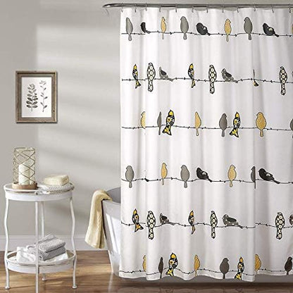 Lush Decor Rowley Birds Shower Curtain, 72” W x 72” L, Yellow & Gray - Colorful Floral Bird Pattern - Whimsical & Playful Bird Shower Curtain - Farmhouse, Coastal, & Boho Bathroom Decor